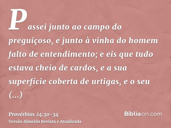 Passei junto ao campo do preguiçoso, e junto à vinha do homem falto de entendimento;e eis que tudo estava cheio de cardos, e a sua superfície coberta de urtigas