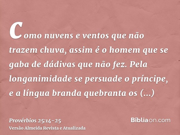 como nuvens e ventos que não trazem chuva, assim é o homem que se gaba de dádivas que não fez.Pela longanimidade se persuade o príncipe, e a língua branda quebr