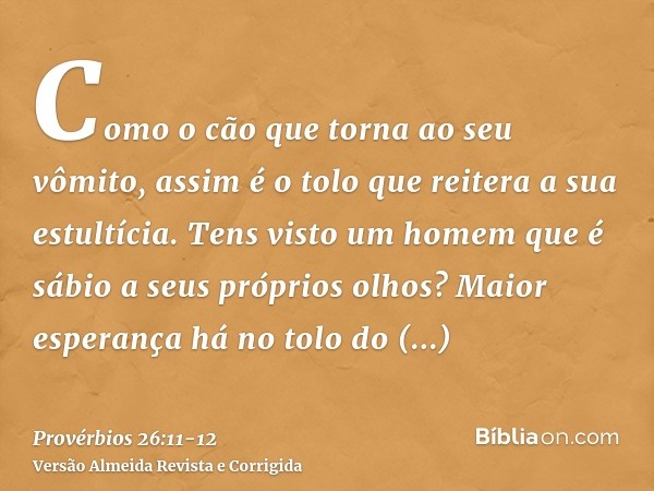 Como o cão que torna ao seu vômito, assim é o tolo que reitera a sua estultícia.Tens visto um homem que é sábio a seus próprios olhos? Maior esperança há no tol