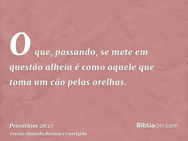 O que, passando, se mete em questão alheia é como aquele que toma um cão pelas orelhas.