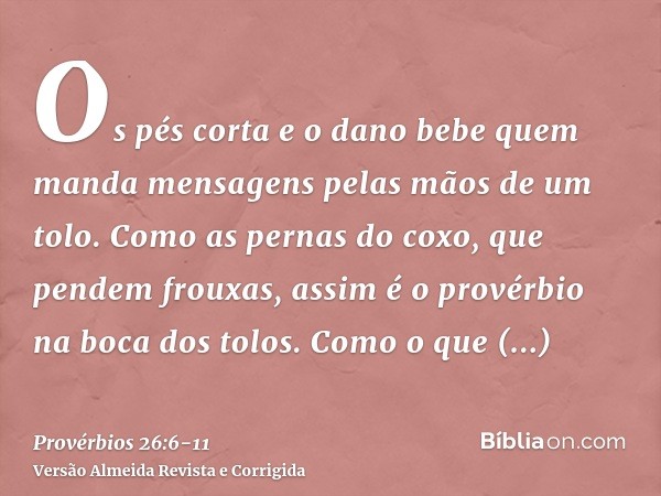 Os pés corta e o dano bebe quem manda mensagens pelas mãos de um tolo.Como as pernas do coxo, que pendem frouxas, assim é o provérbio na boca dos tolos.Como o q