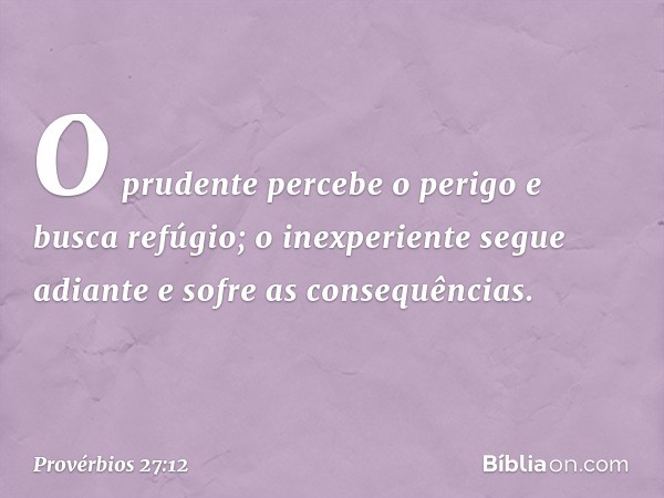 O prudente percebe o perigo
e busca refúgio;
o inexperiente segue adiante
e sofre as consequências. -- Provérbios 27:12