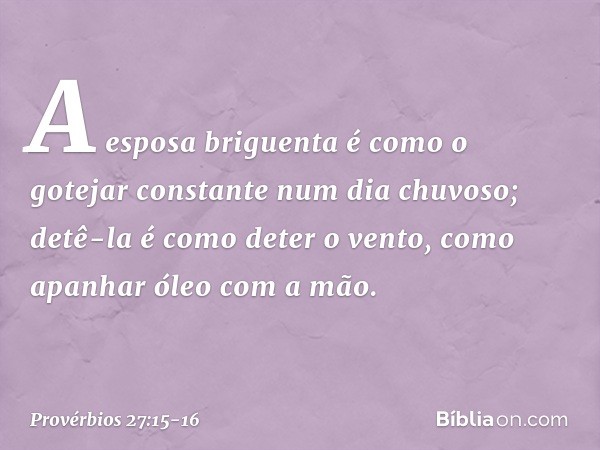 A esposa briguenta é como
o gotejar constante num dia chuvoso; detê-la é como deter o vento,
como apanhar óleo com a mão. -- Provérbios 27:15-16