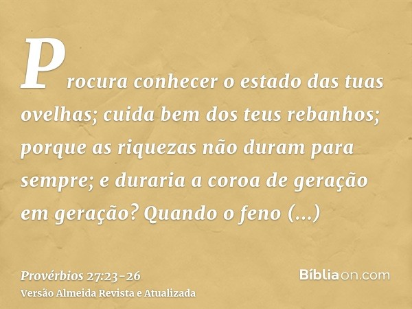 Procura conhecer o estado das tuas ovelhas; cuida bem dos teus rebanhos;porque as riquezas não duram para sempre; e duraria a coroa de geração em geração?Quando