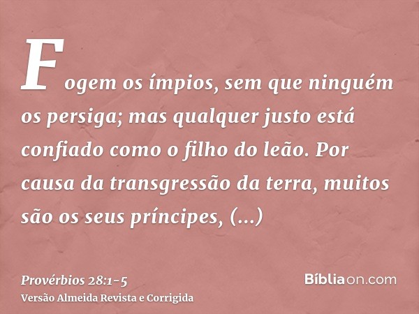 Fogem os ímpios, sem que ninguém os persiga; mas qualquer justo está confiado como o filho do leão.Por causa da transgressão da terra, muitos são os seus prínci