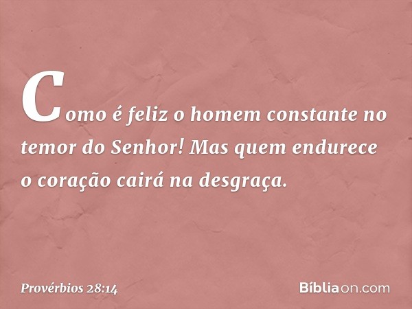 Como é feliz o homem constante
no temor do Senhor!
Mas quem endurece o coração
cairá na desgraça. -- Provérbios 28:14