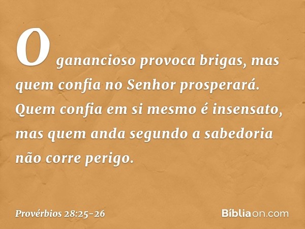 O ganancioso provoca brigas,
mas quem confia no Senhor prosperará. Quem confia em si mesmo é insensato,
mas quem anda segundo a sabedoria
não corre perigo. -- P