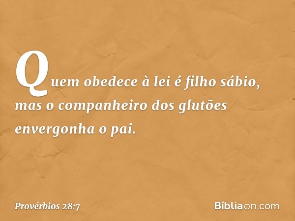 Quem obedece à lei é filho sábio,
mas o companheiro dos glutões
envergonha o pai. -- Provérbios 28:7