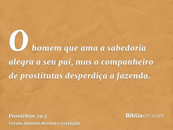 O homem que ama a sabedoria alegra a seu pai, mas o companheiro de prostitutas desperdiça a fazenda.
