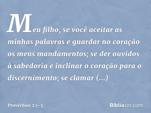 Meu filho, se você aceitar
as minhas palavras
e guardar no coração
os meus mandamentos; se der ouvidos à sabedoria
e inclinar o coração para o discernimento; se