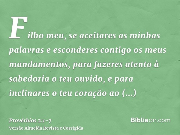 Filho meu, se aceitares as minhas palavras e esconderes contigo os meus mandamentos,para fazeres atento à sabedoria o teu ouvido, e para inclinares o teu coraçã