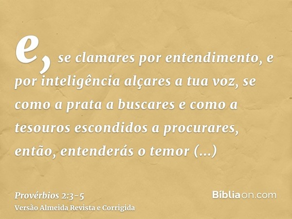 e, se clamares por entendimento, e por inteligência alçares a tua voz,se como a prata a buscares e como a tesouros escondidos a procurares,então, entenderás o t