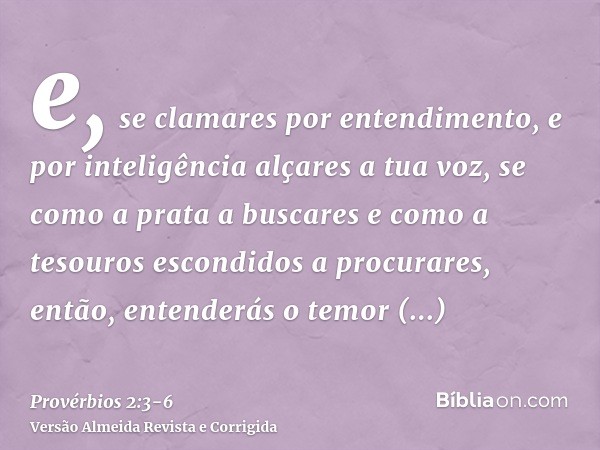 e, se clamares por entendimento, e por inteligência alçares a tua voz,se como a prata a buscares e como a tesouros escondidos a procurares,então, entenderás o t