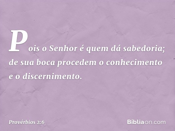 Pois o Senhor é quem dá sabedoria;
de sua boca procedem
o conhecimento e o discernimento. -- Provérbios 2:6