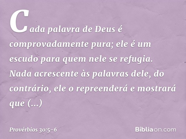 "Cada palavra de Deus
é comprovadamente pura;
ele é um escudo para quem
nele se refugia. Nada acrescente às palavras dele,
do contrário, ele o repreenderá
e mos