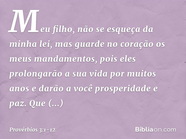 Meu filho, não se esqueça da minha lei,
mas guarde no coração
os meus mandamentos, pois eles prolongarão a sua vida
por muitos anos
e darão a você prosperidade