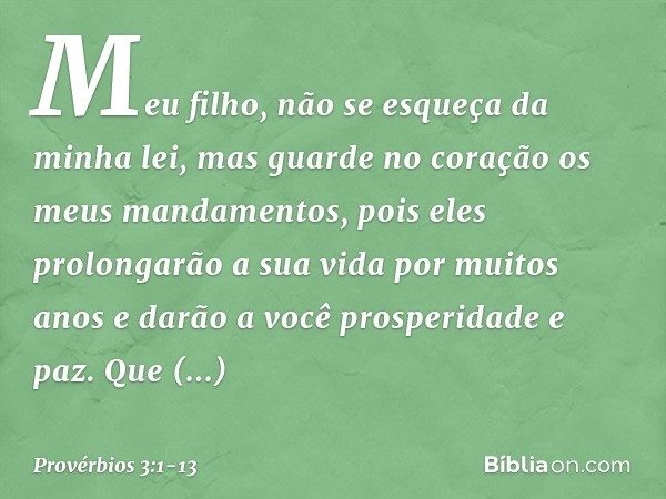 Meu filho, não se esqueça da minha lei,
mas guarde no coração
os meus mandamentos, pois eles prolongarão a sua vida
por muitos anos
e darão a você prosperidade 