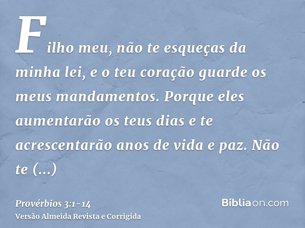 Filho meu, não te esqueças da minha lei, e o teu coração guarde os meus mandamentos.Porque eles aumentarão os teus dias e te acrescentarão anos de vida e paz.Nã