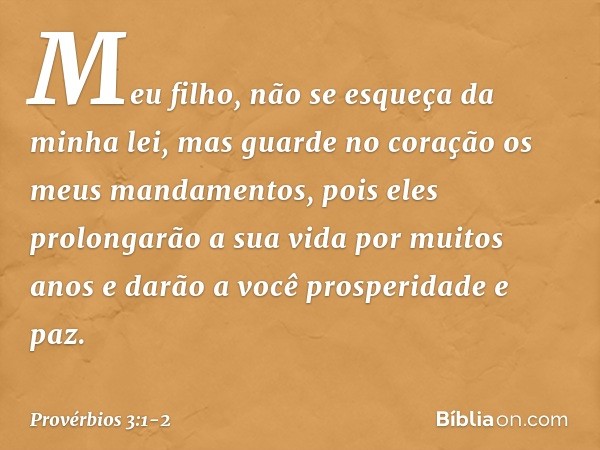 Meu filho, não se esqueça da minha lei,
mas guarde no coração
os meus mandamentos, pois eles prolongarão a sua vida
por muitos anos
e darão a você prosperidade 