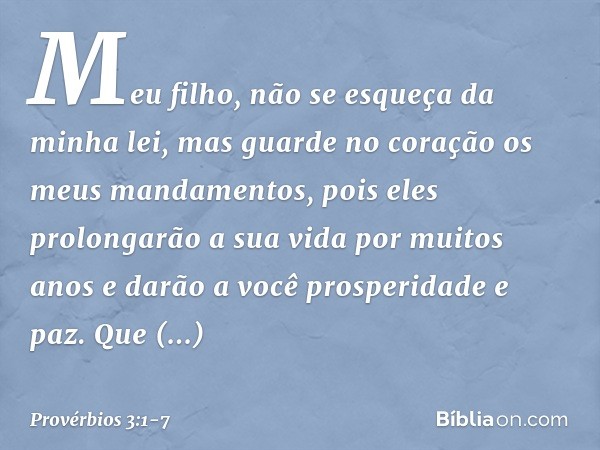 Meu filho, não se esqueça da minha lei,
mas guarde no coração
os meus mandamentos, pois eles prolongarão a sua vida
por muitos anos
e darão a você prosperidade