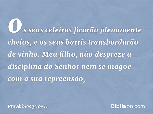 os seus celeiros
ficarão plenamente cheios,
e os seus barris transbordarão de vinho. Meu filho,
não despreze a disciplina do Senhor
nem se magoe com a sua repre