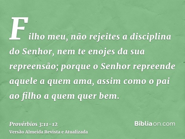 Filho meu, não rejeites a disciplina do Senhor, nem te enojes da sua repreensão;porque o Senhor repreende aquele a quem ama, assim como o pai ao filho a quem qu