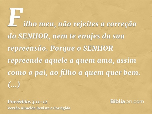 Filho meu, não rejeites a correção do SENHOR, nem te enojes da sua repreensão.Porque o SENHOR repreende aquele a quem ama, assim como o pai, ao filho a quem que