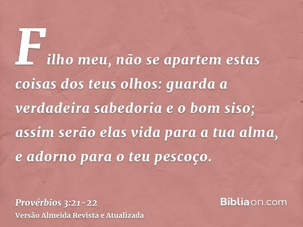 Filho meu, não se apartem estas coisas dos teus olhos: guarda a verdadeira sabedoria e o bom siso;assim serão elas vida para a tua alma, e adorno para o teu pes