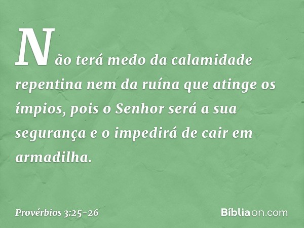 Não terá medo da calamidade repentina
nem da ruína que atinge os ímpios, pois o Senhor será a sua segurança
e o impedirá de cair em armadilha. -- Provérbios 3:2