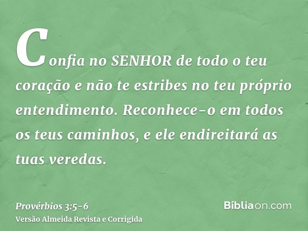 Confia no SENHOR de todo o teu coração e não te estribes no teu próprio entendimento.Reconhece-o em todos os teus caminhos, e ele endireitará as tuas veredas.