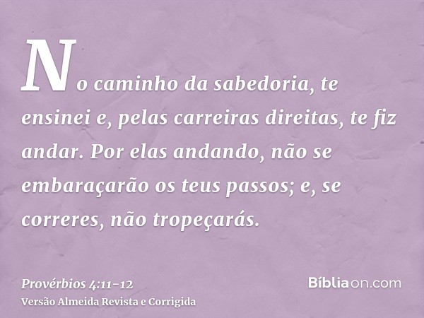 No caminho da sabedoria, te ensinei e, pelas carreiras direitas, te fiz andar.Por elas andando, não se embaraçarão os teus passos; e, se correres, não tropeçará