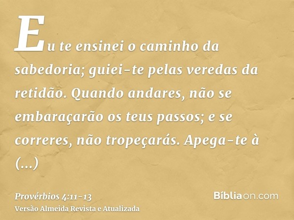 Eu te ensinei o caminho da sabedoria; guiei-te pelas veredas da retidão.Quando andares, não se embaraçarão os teus passos; e se correres, não tropeçarás.Apega-t