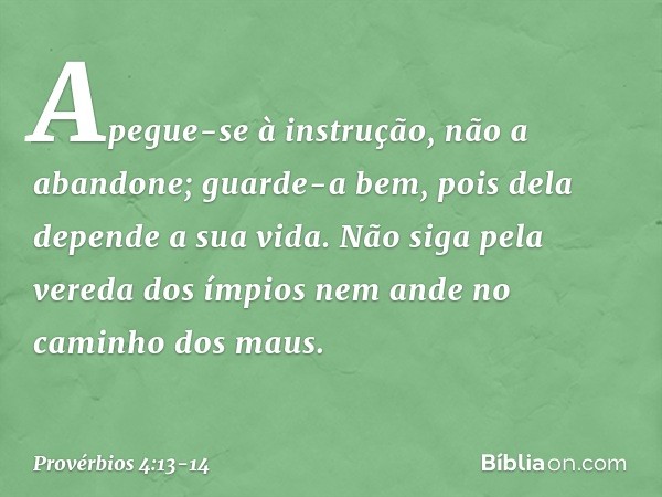 Apegue-se à instrução, não a abandone;
guarde-a bem,
pois dela depende a sua vida. Não siga pela vereda dos ímpios
nem ande no caminho dos maus. -- Provérbios 4