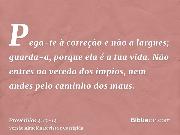 Pega-te à correção e não a largues; guarda-a, porque ela é a tua vida.Não entres na vereda dos ímpios, nem andes pelo caminho dos maus.