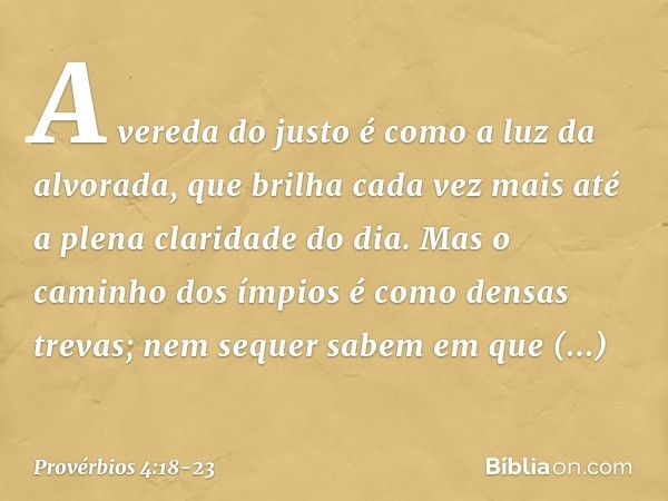 A vereda do justo
é como a luz da alvorada,
que brilha cada vez mais
até a plena claridade do dia. Mas o caminho dos ímpios
é como densas trevas;
nem sequer sab