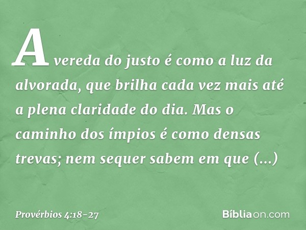 A vereda do justo
é como a luz da alvorada,
que brilha cada vez mais
até a plena claridade do dia. Mas o caminho dos ímpios
é como densas trevas;
nem sequer sab