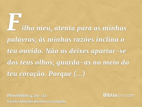 Filho meu, atenta para as minhas palavras; às minhas razões inclina o teu ouvido.Não as deixes apartar-se dos teus olhos; guarda-as no meio do teu coração.Porqu