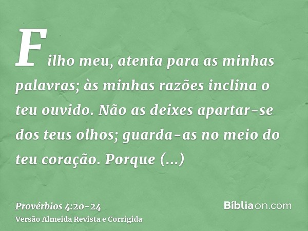 Filho meu, atenta para as minhas palavras; às minhas razões inclina o teu ouvido.Não as deixes apartar-se dos teus olhos; guarda-as no meio do teu coração.Porqu