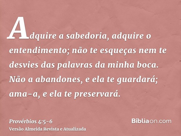 Adquire a sabedoria, adquire o entendimento; não te esqueças nem te desvies das palavras da minha boca.Não a abandones, e ela te guardará; ama-a, e ela te prese