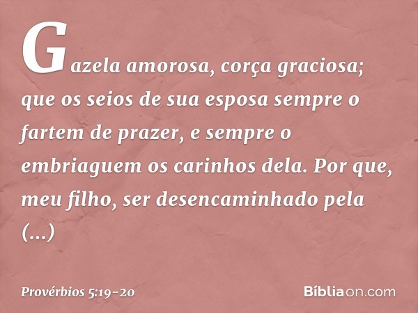 Gazela amorosa, corça graciosa;
que os seios de sua esposa
sempre o fartem de prazer,
e sempre o embriaguem os carinhos dela. Por que, meu filho, ser desencamin