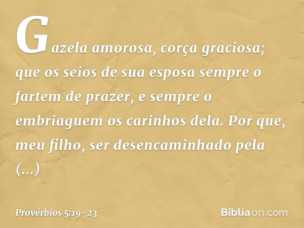 Gazela amorosa, corça graciosa;
que os seios de sua esposa
sempre o fartem de prazer,
e sempre o embriaguem os carinhos dela. Por que, meu filho, ser desencamin