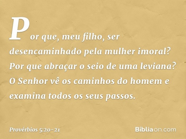 Por que, meu filho, ser desencaminhado
pela mulher imoral?
Por que abraçar o seio de uma leviana? O Senhor vê os caminhos do homem
e examina todos os seus passo