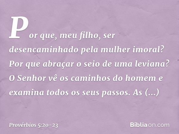 Por que, meu filho, ser desencaminhado
pela mulher imoral?
Por que abraçar o seio de uma leviana? O Senhor vê os caminhos do homem
e examina todos os seus passo