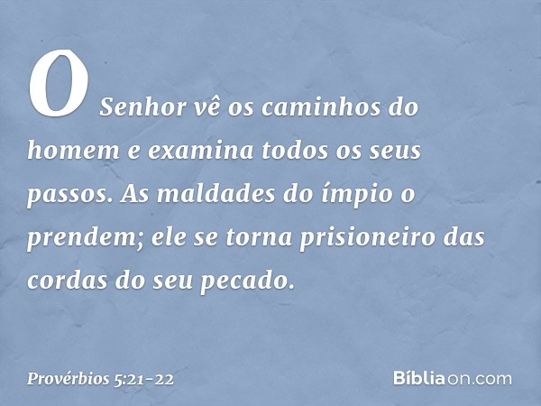 O Senhor vê os caminhos do homem
e examina todos os seus passos. As maldades do ímpio o prendem;
ele se torna prisioneiro
das cordas do seu pecado. -- Provérbio