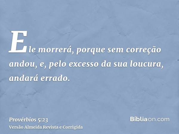 Ele morrerá, porque sem correção andou, e, pelo excesso da sua loucura, andará errado.