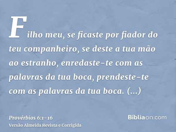 Filho meu, se ficaste por fiador do teu companheiro, se deste a tua mão ao estranho,enredaste-te com as palavras da tua boca, prendeste-te com as palavras da tu