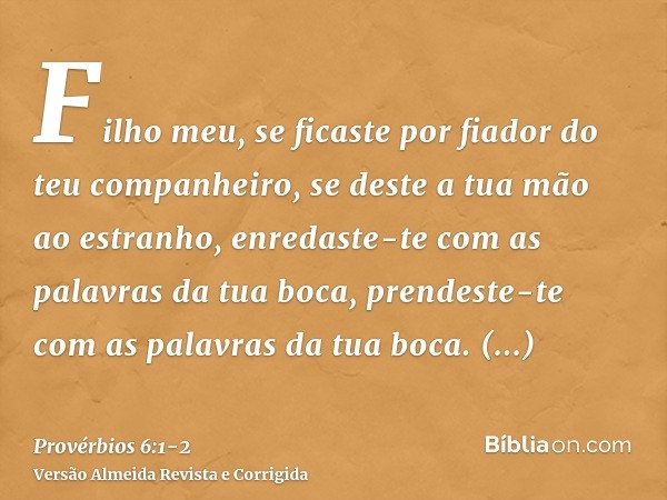 Filho meu, se ficaste por fiador do teu companheiro, se deste a tua mão ao estranho,enredaste-te com as palavras da tua boca, prendeste-te com as palavras da tu