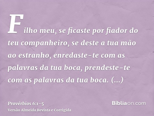 Filho meu, se ficaste por fiador do teu companheiro, se deste a tua mão ao estranho,enredaste-te com as palavras da tua boca, prendeste-te com as palavras da tu