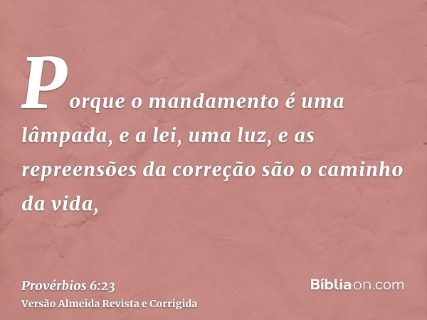 Porque o mandamento é uma lâmpada, e a lei, uma luz, e as repreensões da correção são o caminho da vida,
