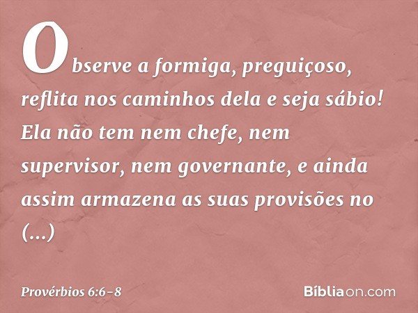 Observe a formiga, preguiçoso,
reflita nos caminhos dela e seja sábio! Ela não tem nem chefe,
nem supervisor, nem governante, e ainda assim armazena
as suas pro